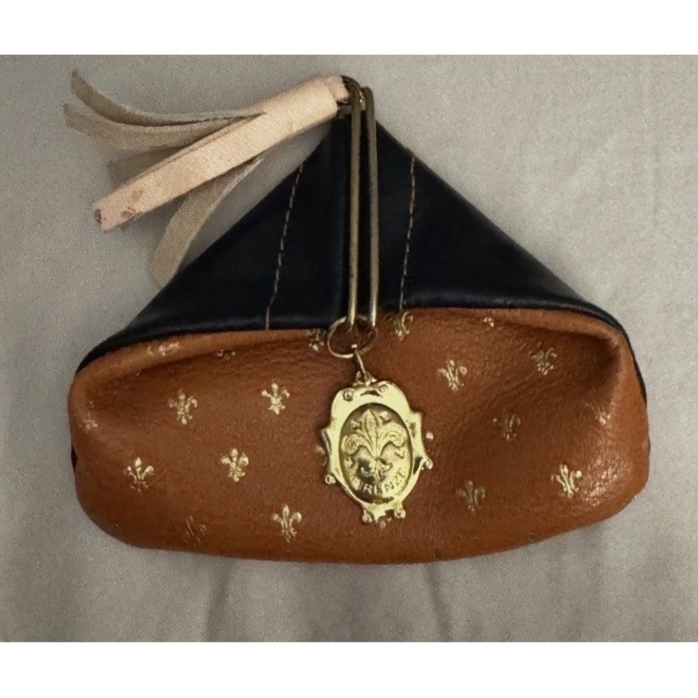 Firenze Italian Leather Fiocchi Coin Purse Brown Black Gold Fleur-de-lis EUC‎